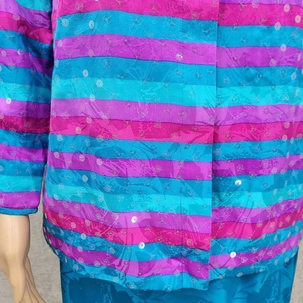 Anne Crimmins Vintage Matching Silk Skirt Set Blue Purple Fuschia Sequin Blazer